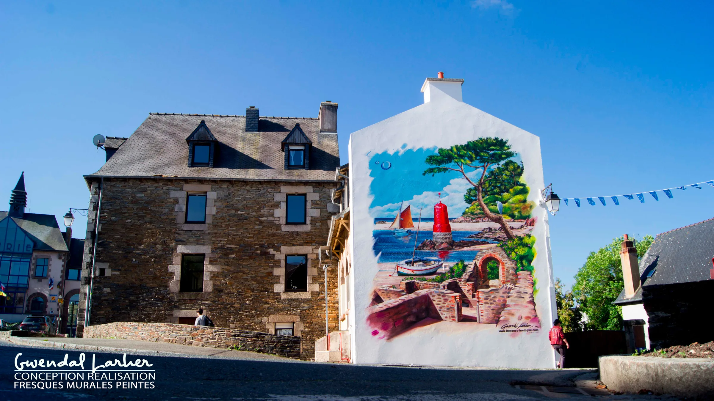 Fresque street art trompe-l'œil, paysage maritime historique à Plestin-les-Grèves — Gwendal Larher